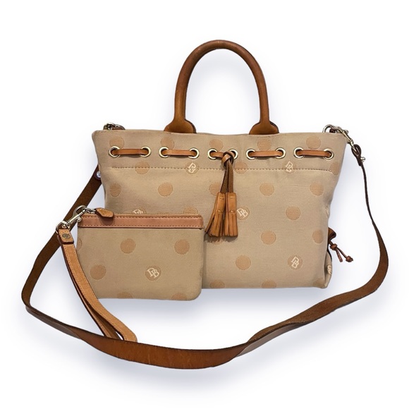 Dooney & Bourke Handbags - RARE! Dooney & Bourke Tan Leather and Polka Dot Canvas Satchel and Wristlet Set